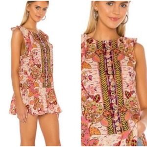 Free People Dress‎ Size M Floral Print Sleeveless Linen Blend Ruffle Trim Mini